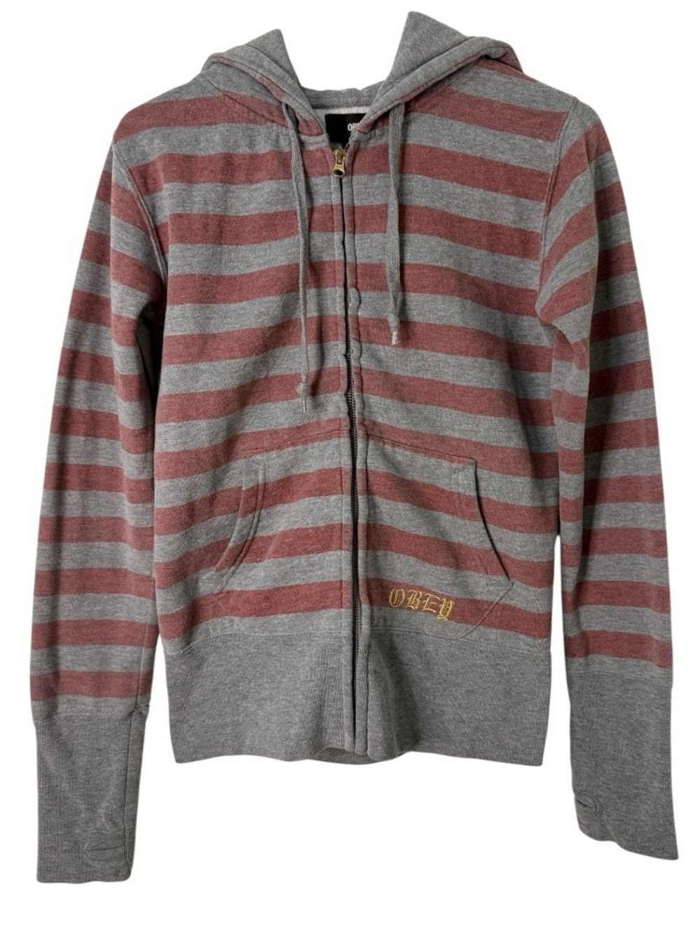 Obey Y2K Striped Zip Hoodie Thumbhole Jacket Gray Burgundy Medium Streetwear